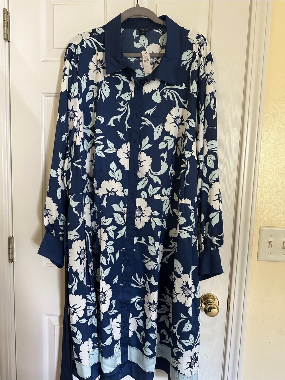 Talbots Navy Blue and White Floral Button-Front Shirt Dress